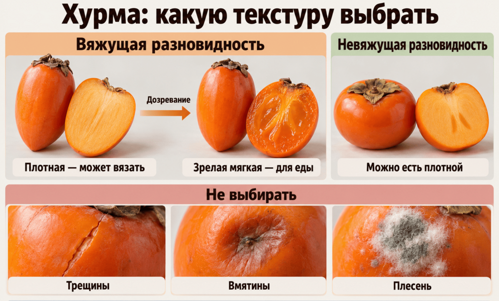 Вяжущая хурма с плотной и зрелой мягкой мякотью, плотная невяжущая хурма; ниже — трещина, вмятина и плесень на плодах.
