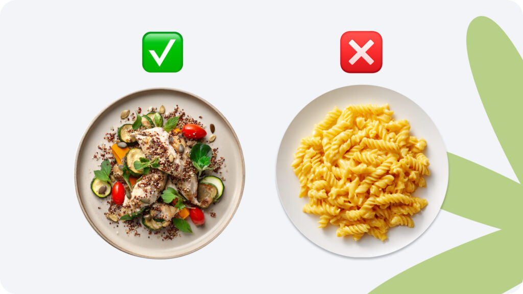 Углеводы обязательно нужно включать в рацион в сочетании с белками и клетчаткой, чтобы контролировать уровень сахара в крови. Пример тарелки с качественными углеводами