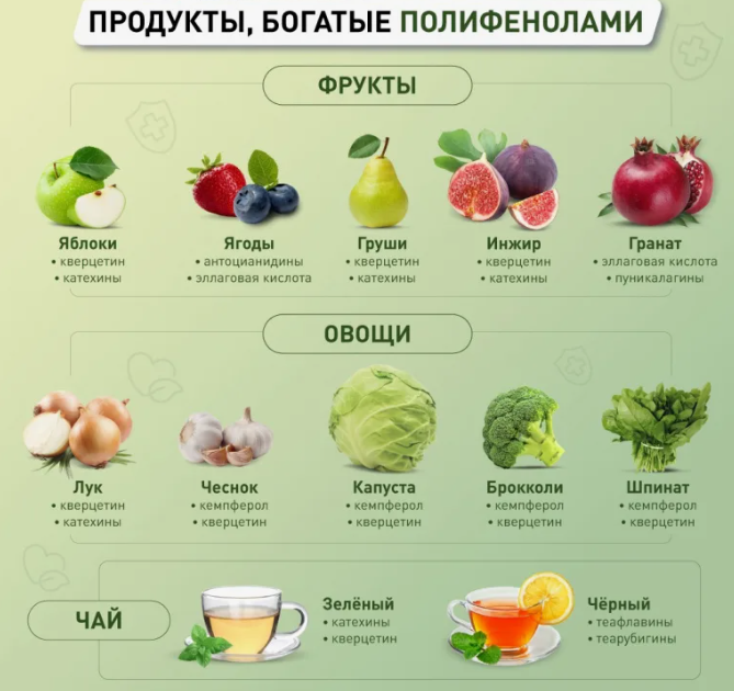 Цвет продукта подсказывает какой класс полифенолов содержится в продукте. Чем больше цветов в тарелке, тем шире набор защитных соединений