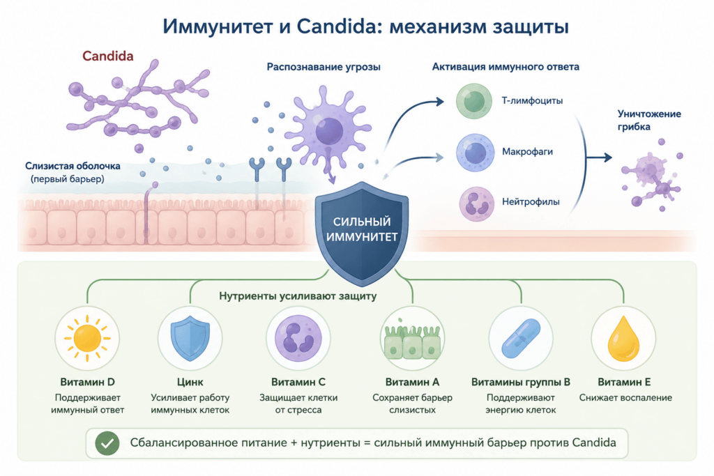 Клетки иммунной системы распознают Candida, а достаточное поступление витаминов и минералов помогает поддерживать их нормальную работу.