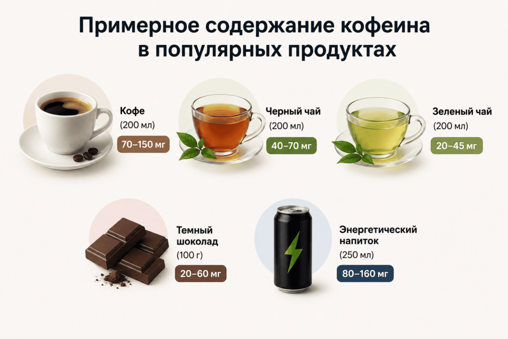 Примерное содержание кофеина в популярных продуктах