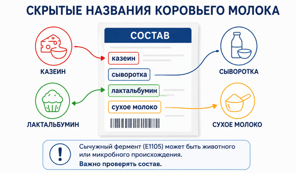 Молочный белок в продуктах может скрываться под разными названиями.