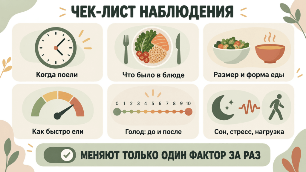 Чек-лист помогает сравнить несколько приемов пищи и понять, какие факторы могут влиять на быстрое возвращение голода. Чтобы оценить изменения, за один раз меняют только один фактор.