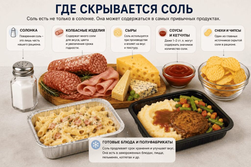 Соль содержится в колбасных изделиях, сырах, соусах, снеках, полуфабрикатах и готовых блюдах.