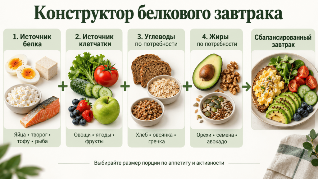 Сбалансированный белковый завтрак можно собрать из источника белка и клетчатки, добавить углеводы и жиры с учетом аппетита и активности.