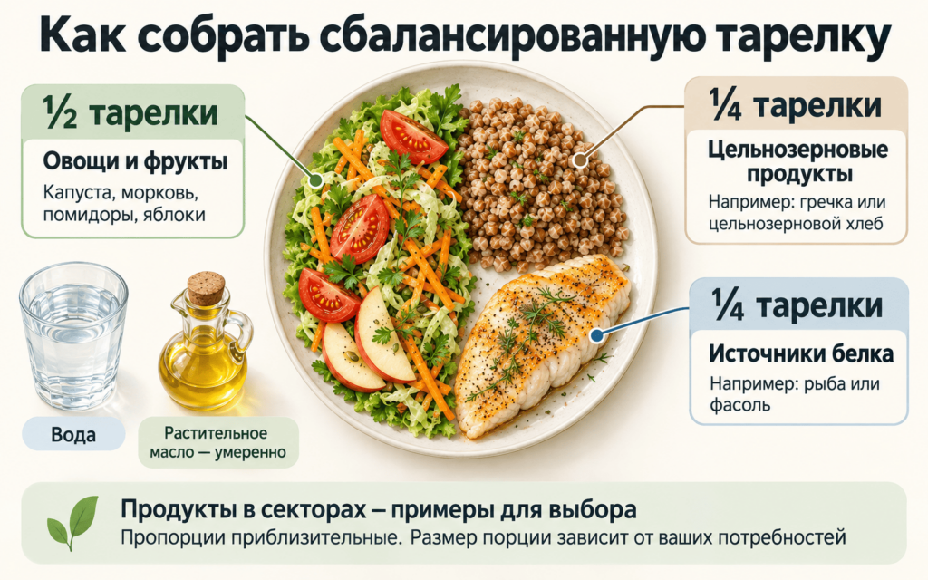 Половина тарелки — овощи и фрукты, четверть — цельнозерновые продукты, четверть — источники белка. Воду и растительное масло используют умеренно.
