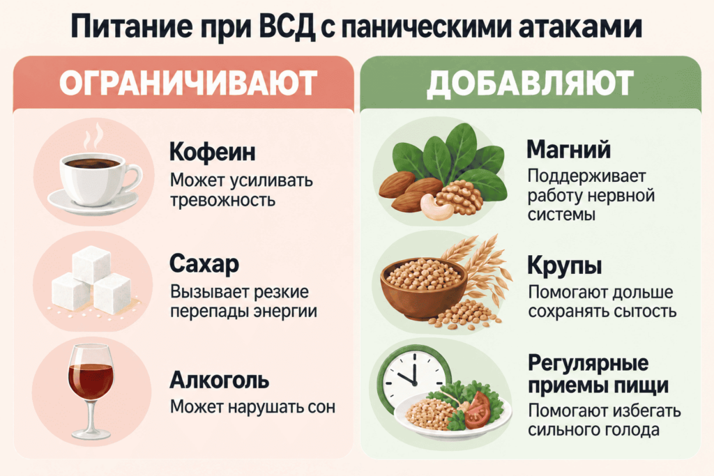 Какие продукты стоит ограничить и что добавить в рацион при ВСД с паническими атаками.