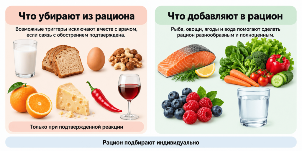При экземе из рациона исключают только подтвержденные продукты-триггеры. Меню составляют индивидуально.