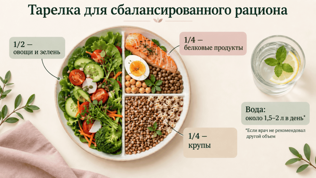 Тарелка для сбалансированного рациона составляет: ½ овощи и зелень, ¼ белковые продукты и ¼ крупы