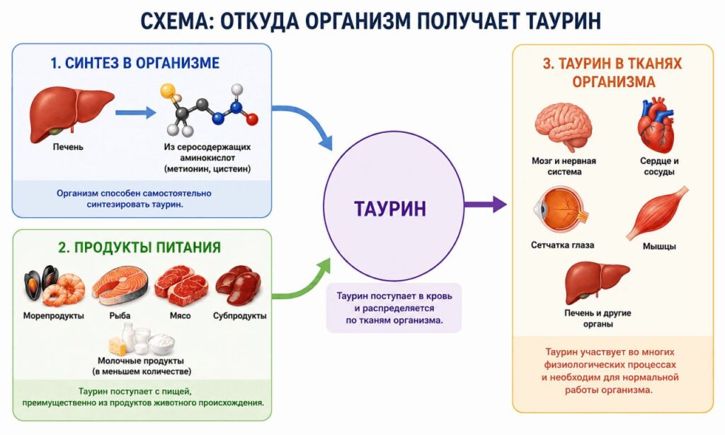 Организм получает таурин двумя путями: синтезирует его самостоятельно и получает с пищей.