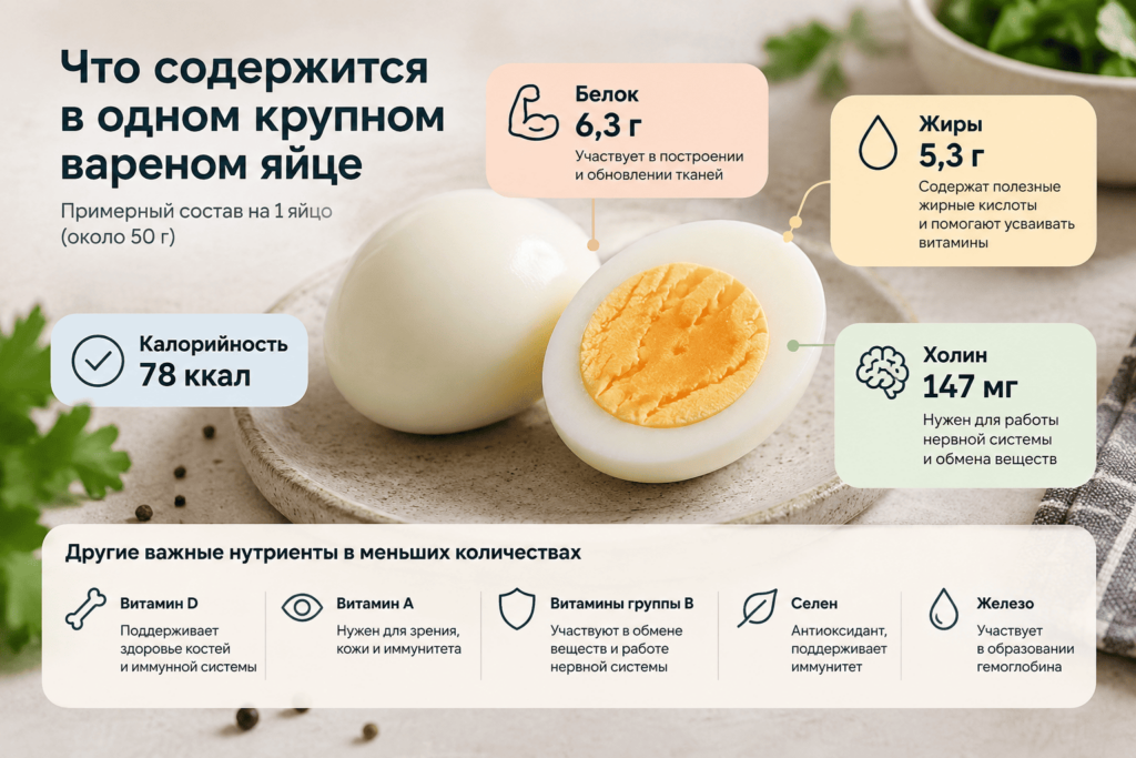 Что содержится в одном крупном вареном яйце Основные питательные вещества в одном крупном вареном курином яйце весом около 50 г.
