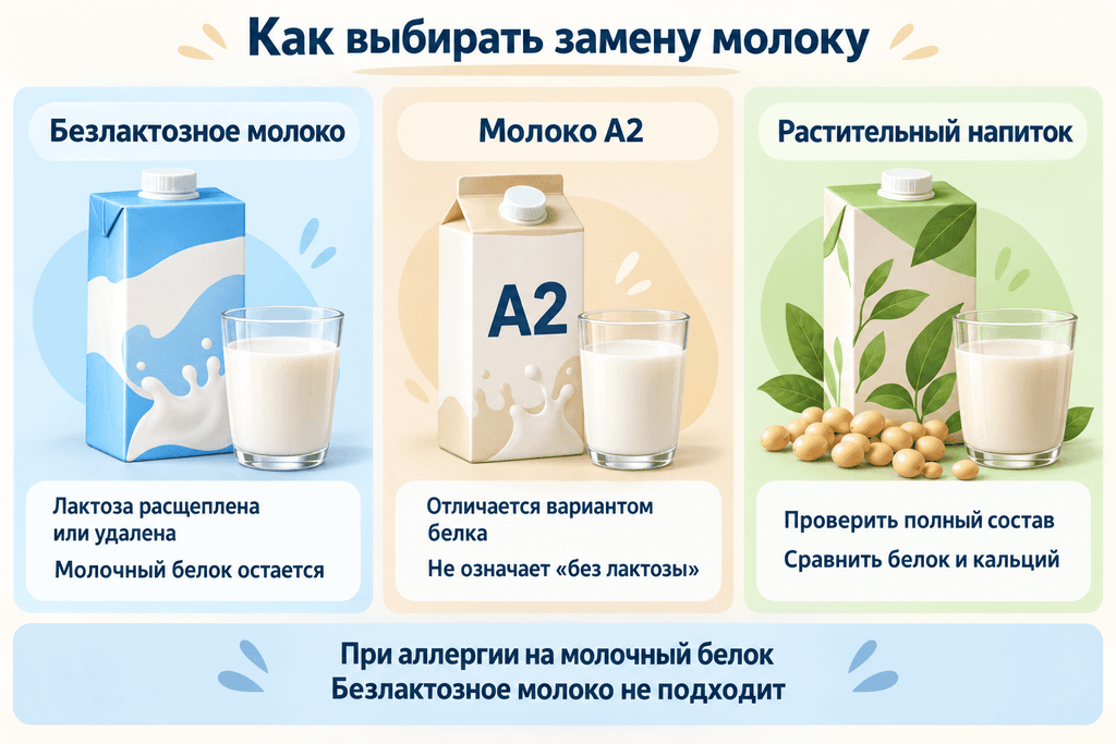 Безлактозное молоко сохраняет молочный белок, А2 может содержать лактозу, растительные напитки различаются по белку и кальцию.