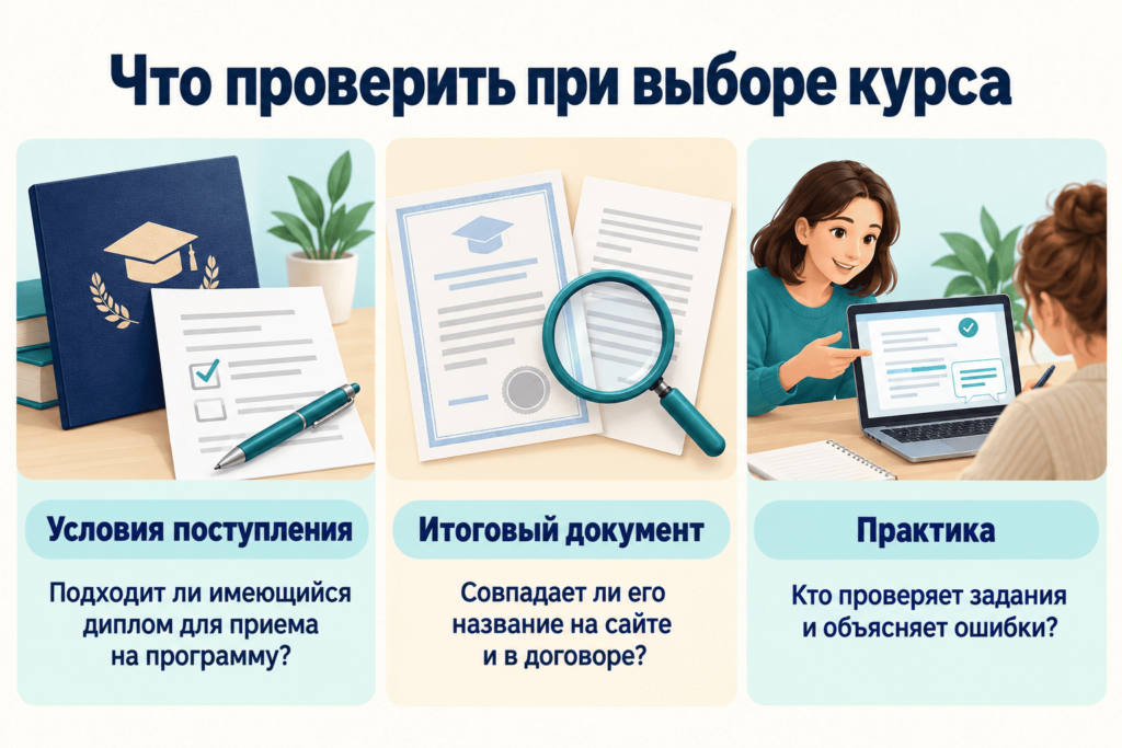 Что проверить при выборе курса: условия поступления, итоговый документ и обратную связь по заданиям.