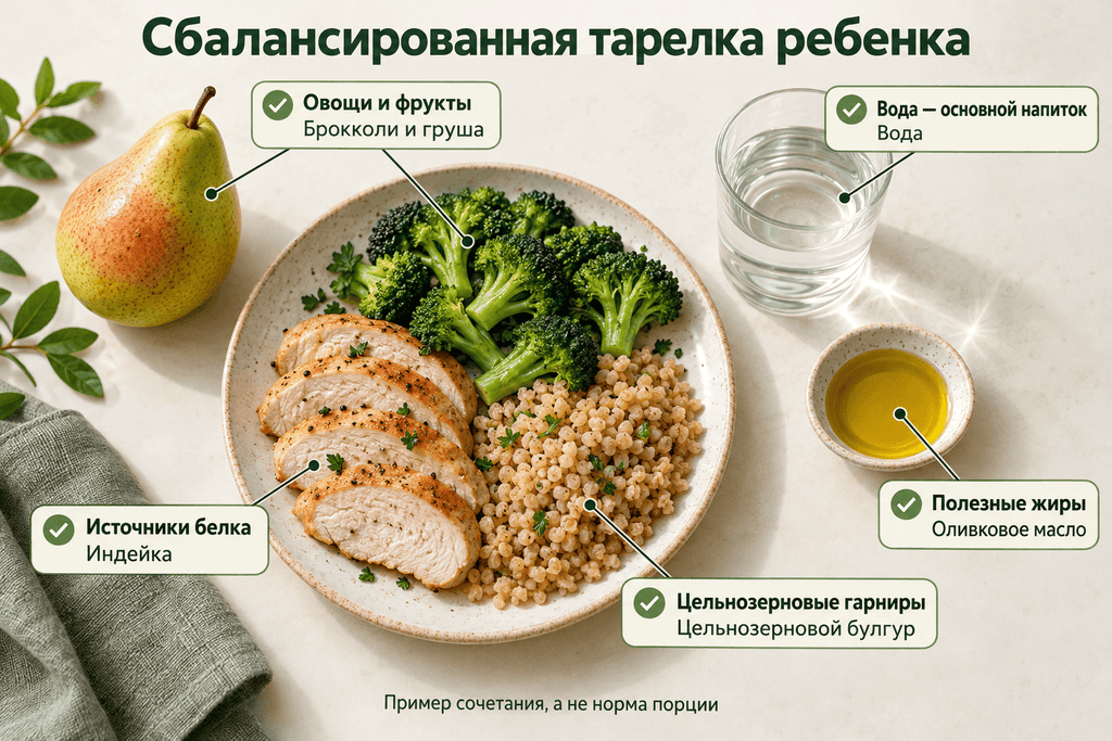 Индейка, цельнозерновой булгур и брокколи на тарелке; рядом — груша, оливковое масло и вода.