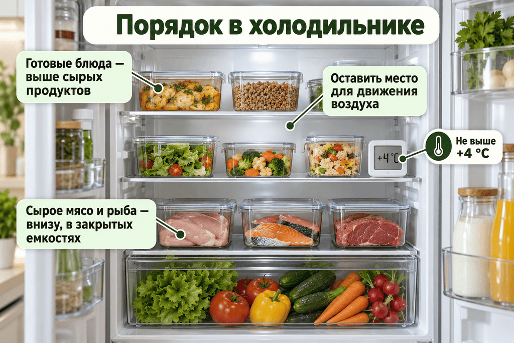 Расположение готовых блюд и сырых продуктов в холодильнике при температуре не выше +4 °C.
