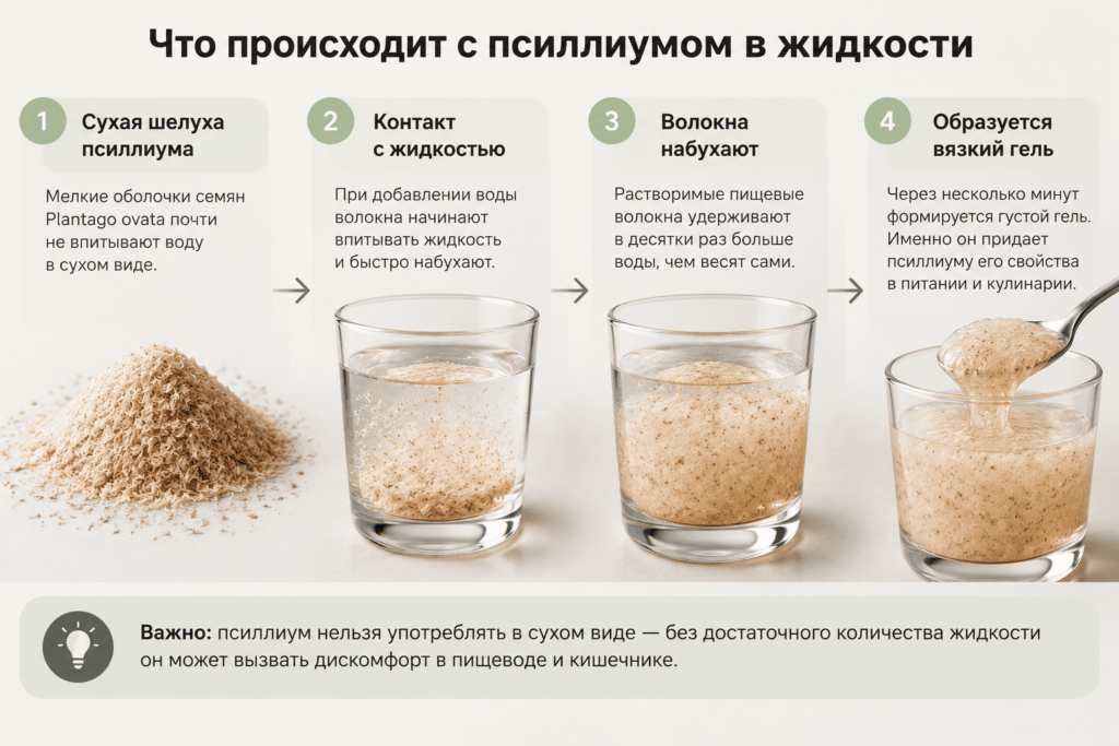 Псиллиум при контакте с жидкостью набухает и образует вязкий гель благодаря растворимым пищевым волокнам.